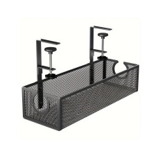 Adjustable Under-Desk Cable Management Tray, Iron Mesh Cable Organizer with Long Arms and No-Drill Clamp-On Design, Desk Wire Holder for Office, Secure and Easy Installation - Black
